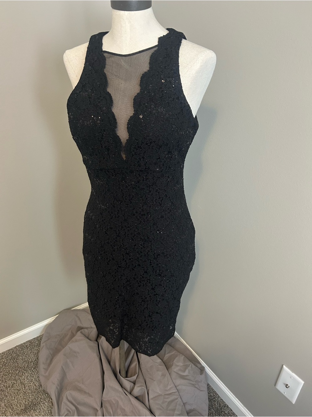 Black Lace Mesh Mini Dress with Scalloped Detail